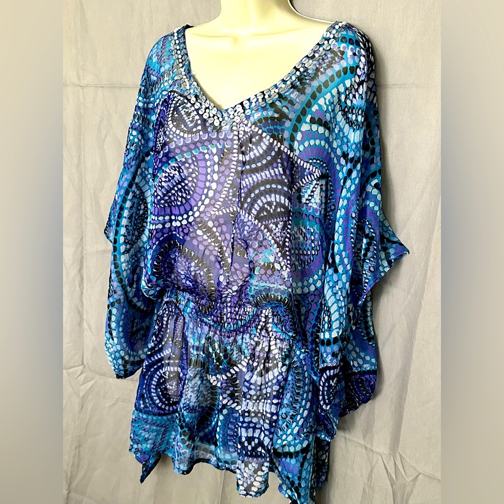 Studio Thirtysix Printed V Neck Loose Fit Casual Blouse Shirred Waist Size O/S